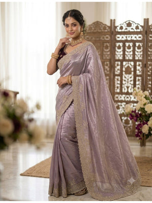 Peachmode Lavender Fandy Satin Saree with C-Pallu Embroidery and Cutwork Border - Image 1