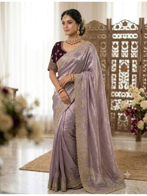 Peachmode Lavender Fandy Satin Saree with C-Pallu Embroidery and Cutwork Border - Image 2