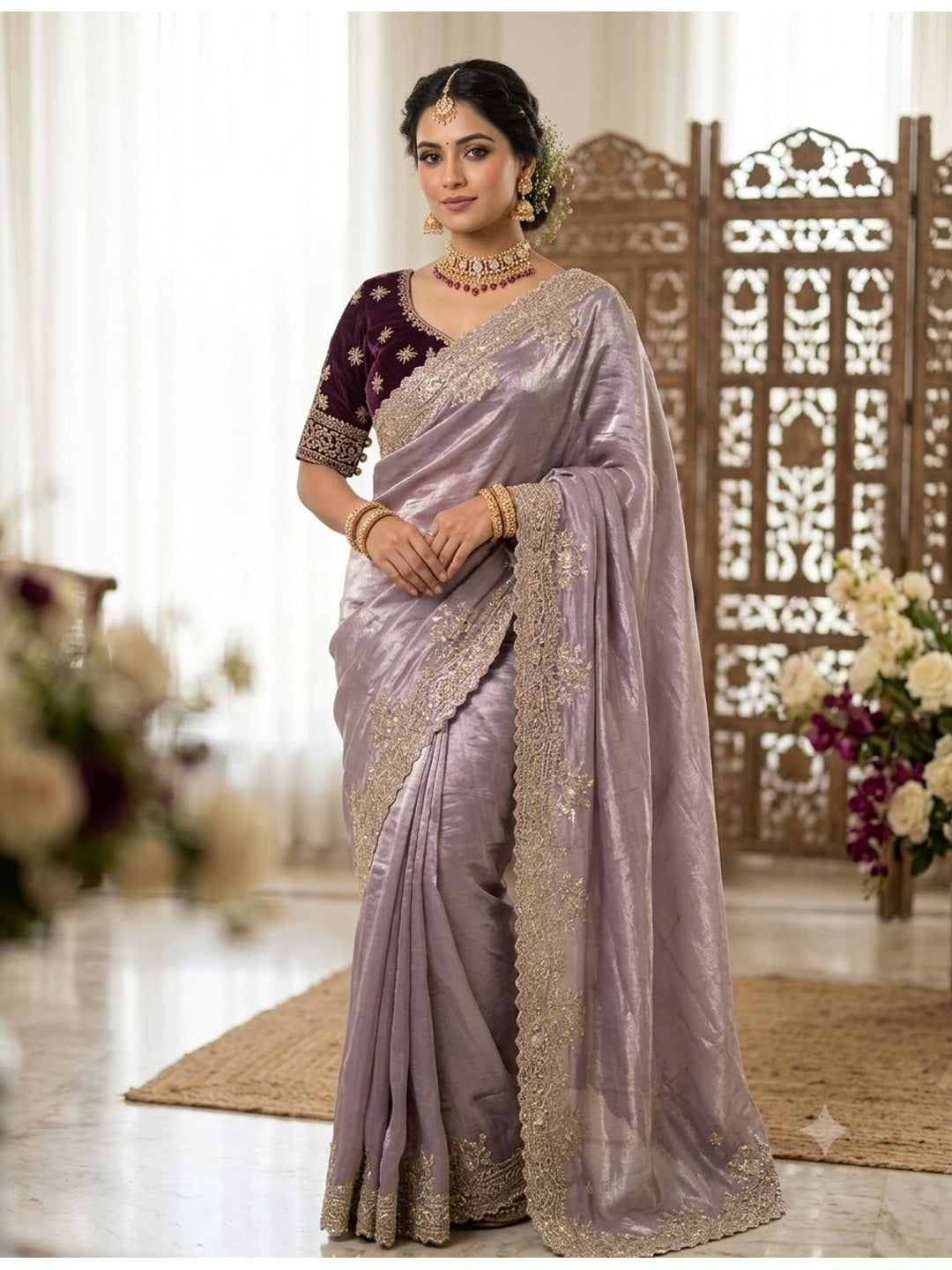 Peachmode Lavender Fandy Satin Saree with C-Pallu Embroidery and Cutwork Border - Image 3