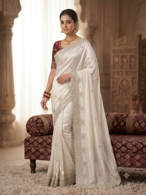 Peachmode White Fandy Satin Saree with C-Pallu Embroidery and Cutwork Border - Image 1