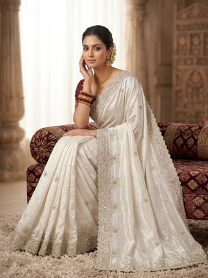 Peachmode White Fandy Satin Saree with C-Pallu Embroidery and Cutwork Border - Image 2