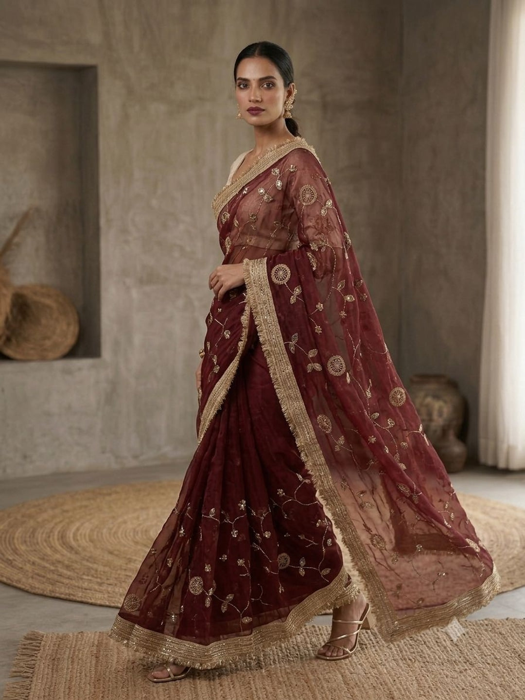 Peachmode Wine Fandy Satin Saree with C-Pallu Embroidery and Lace Border - Image 1