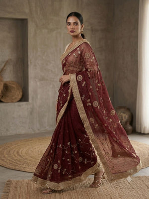Peachmode Wine Fandy Satin Saree with C-Pallu Embroidery and Lace Border - Image 1