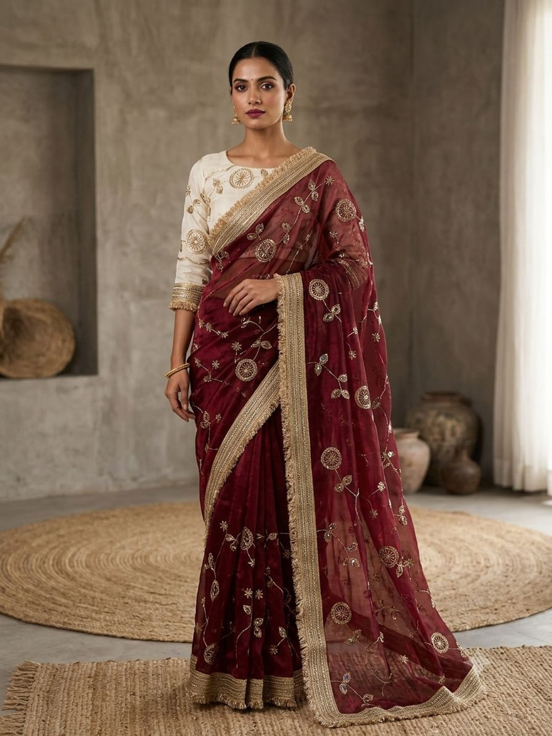 Peachmode Wine Fandy Satin Saree with C-Pallu Embroidery and Lace Border - Image 3
