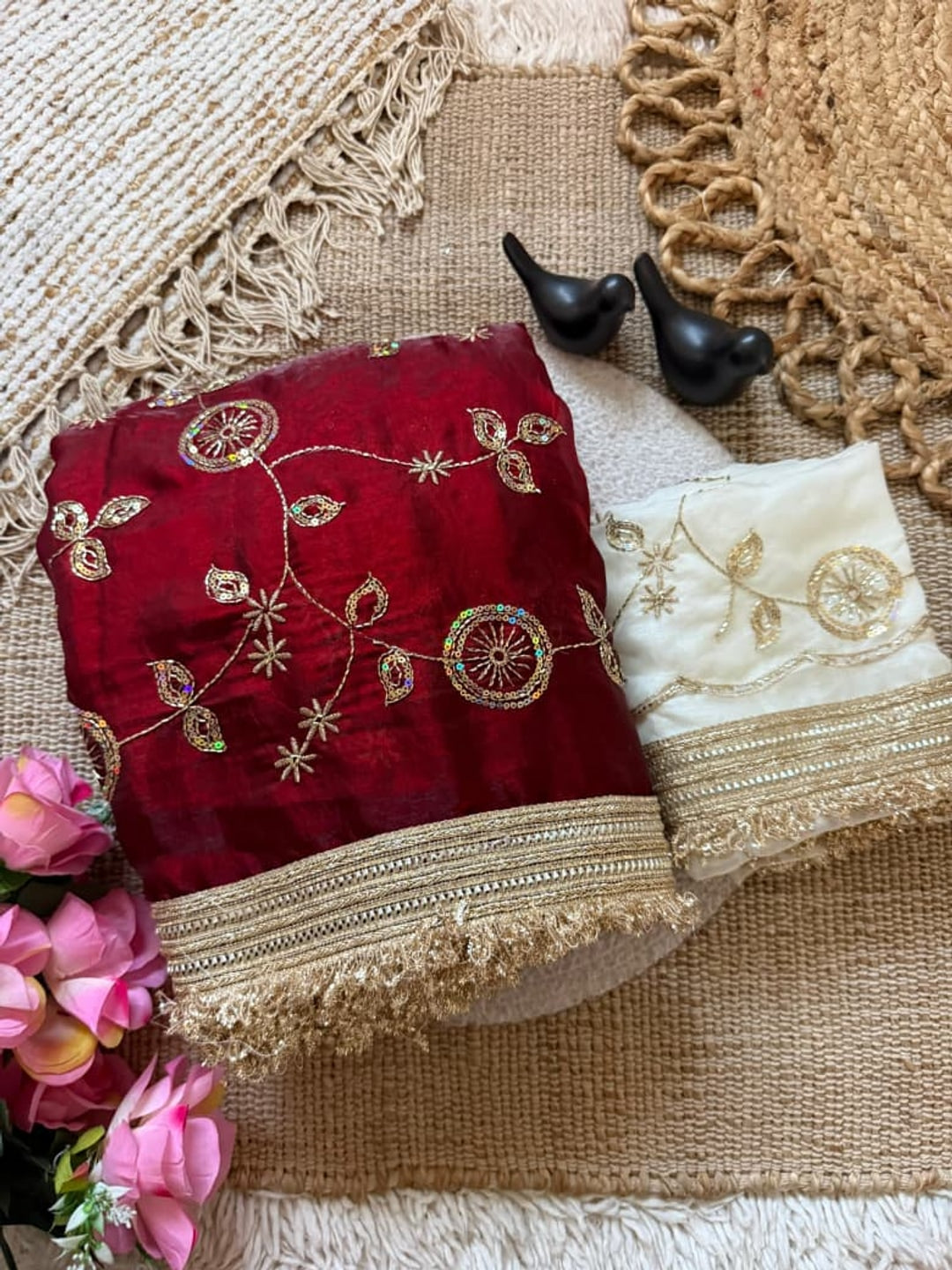 Peachmode Wine Fandy Satin Saree with C-Pallu Embroidery and Lace Border - Image 4