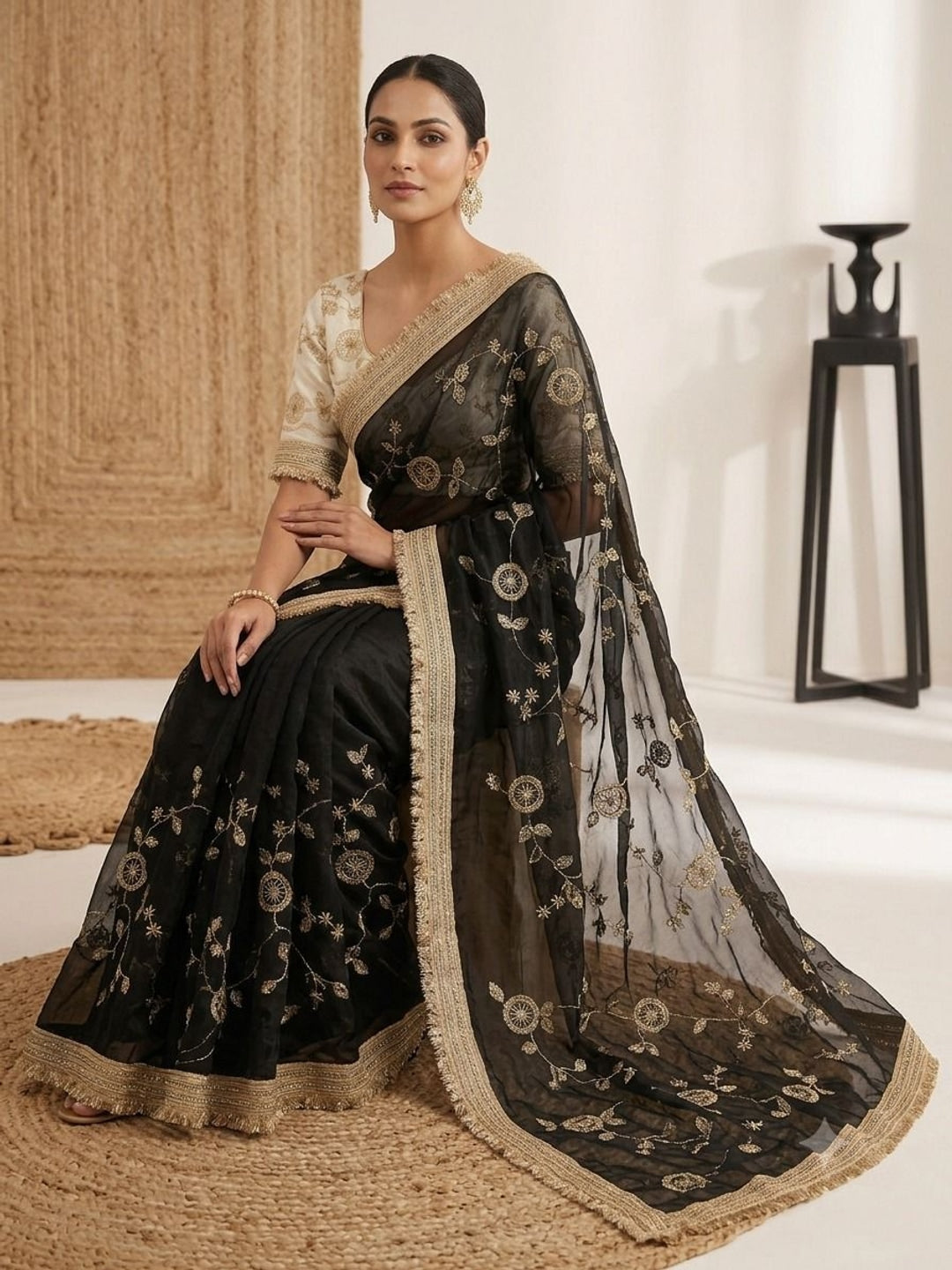 Peachmode Black Fandy Satin Saree with C-Pallu Embroidery and Lace Border - Image 2