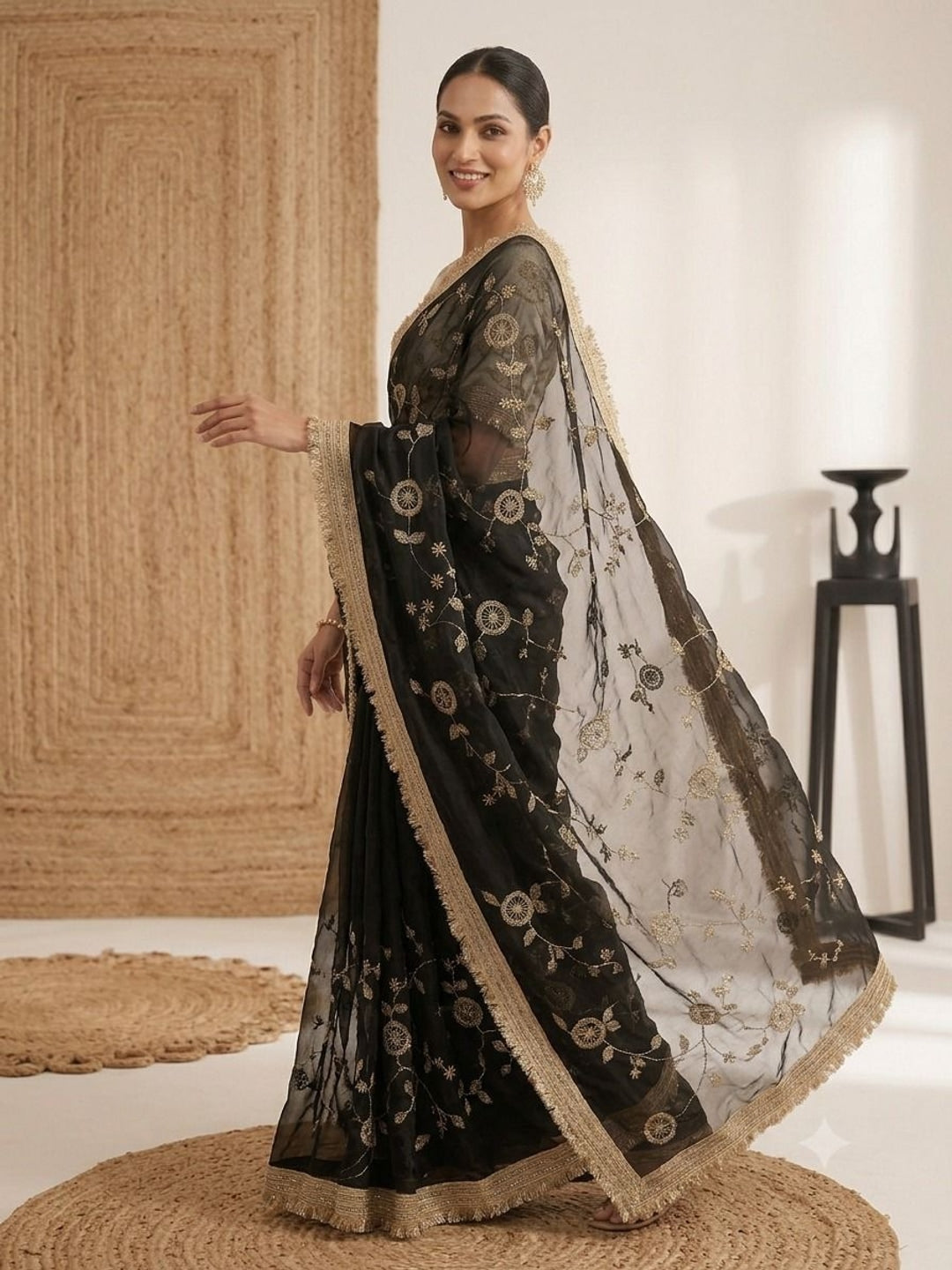 Peachmode Black Fandy Satin Saree with C-Pallu Embroidery and Lace Border - Image 3