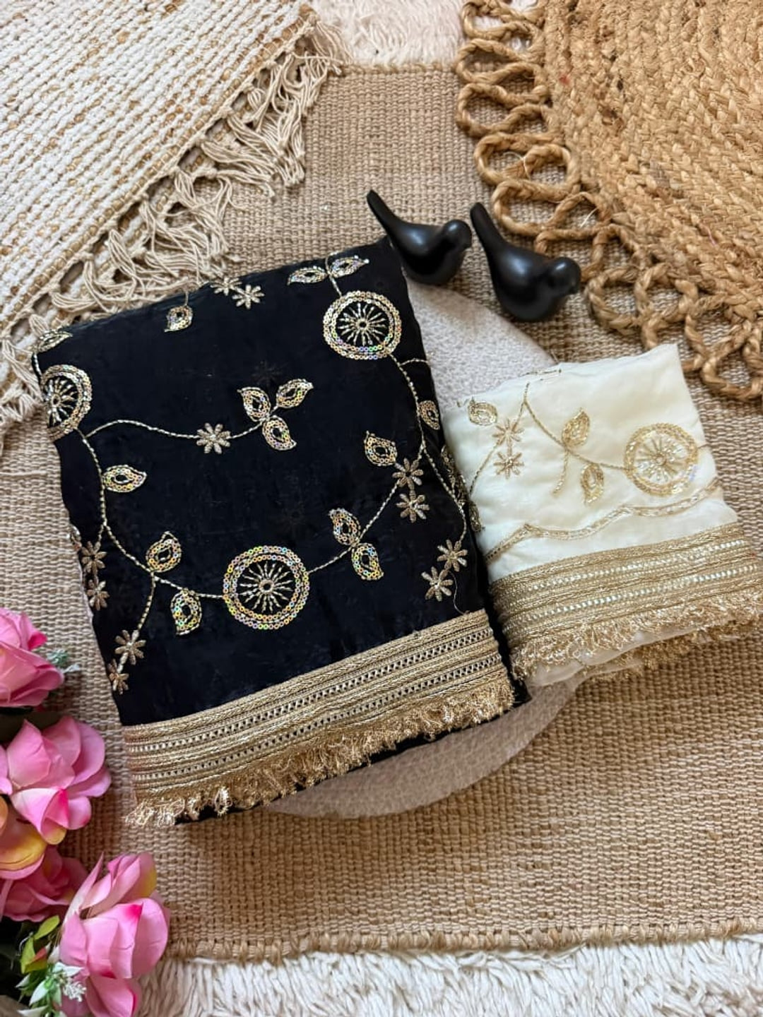 Peachmode Black Fandy Satin Saree with C-Pallu Embroidery and Lace Border - Image 4