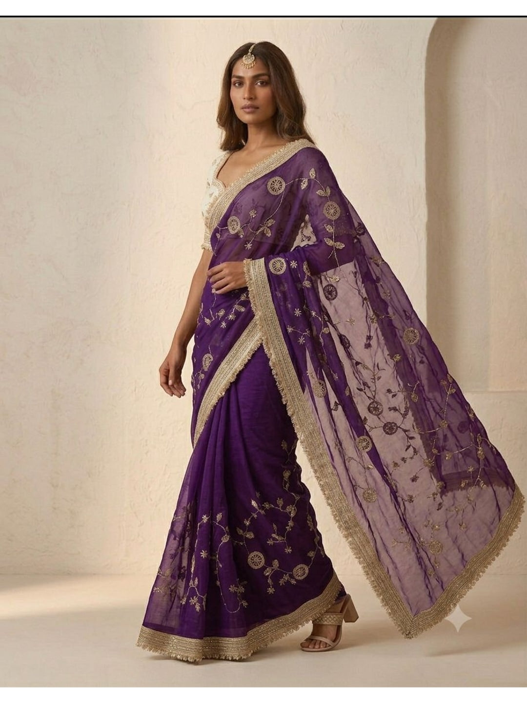 Peachmode Purple Fandy Satin Saree with C-Pallu Embroidery and Lace Border - Image 1
