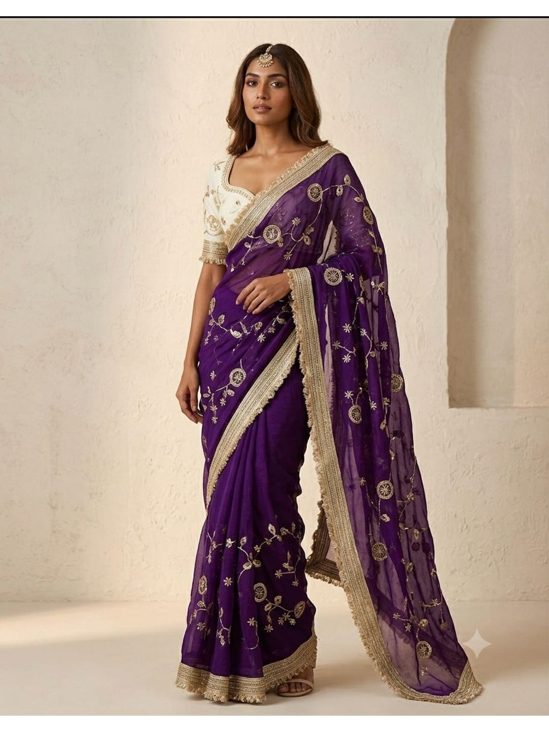 Peachmode Purple Fandy Satin Saree with C-Pallu Embroidery and Lace Border - Image 3