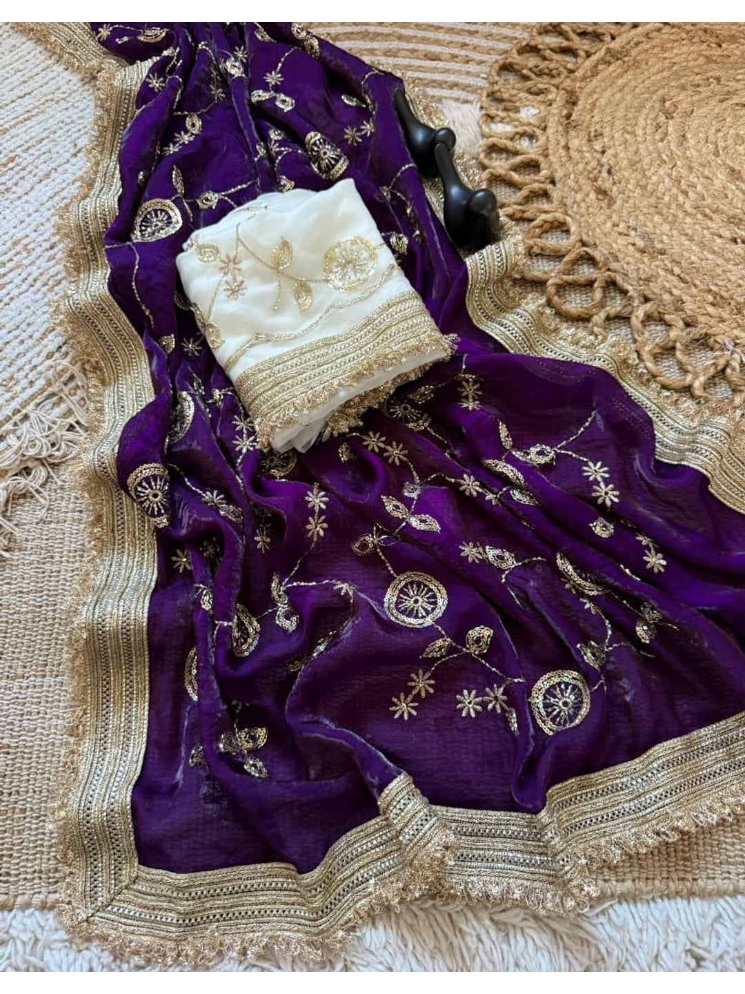 Peachmode Purple Fandy Satin Saree with C-Pallu Embroidery and Lace Border - Image 6