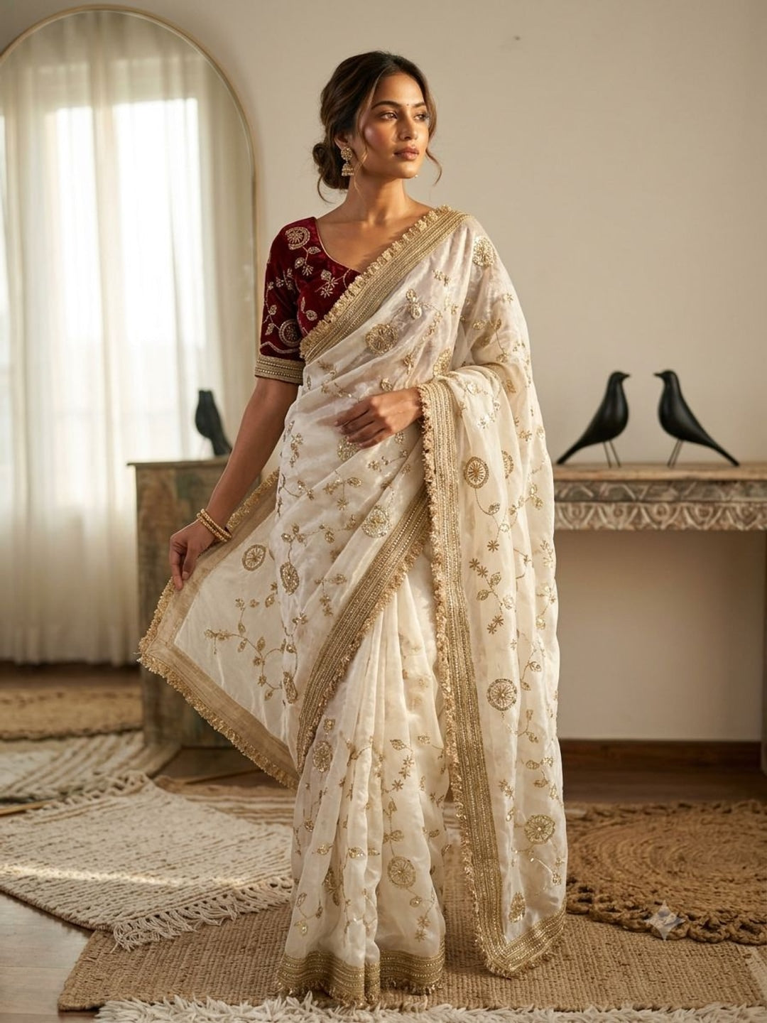 Peachmode White Fandy Satin Saree with C-Pallu Embroidery and Lace Border - Image 2