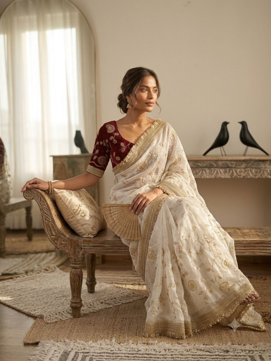Peachmode White Fandy Satin Saree with C-Pallu Embroidery and Lace Border - Image 3