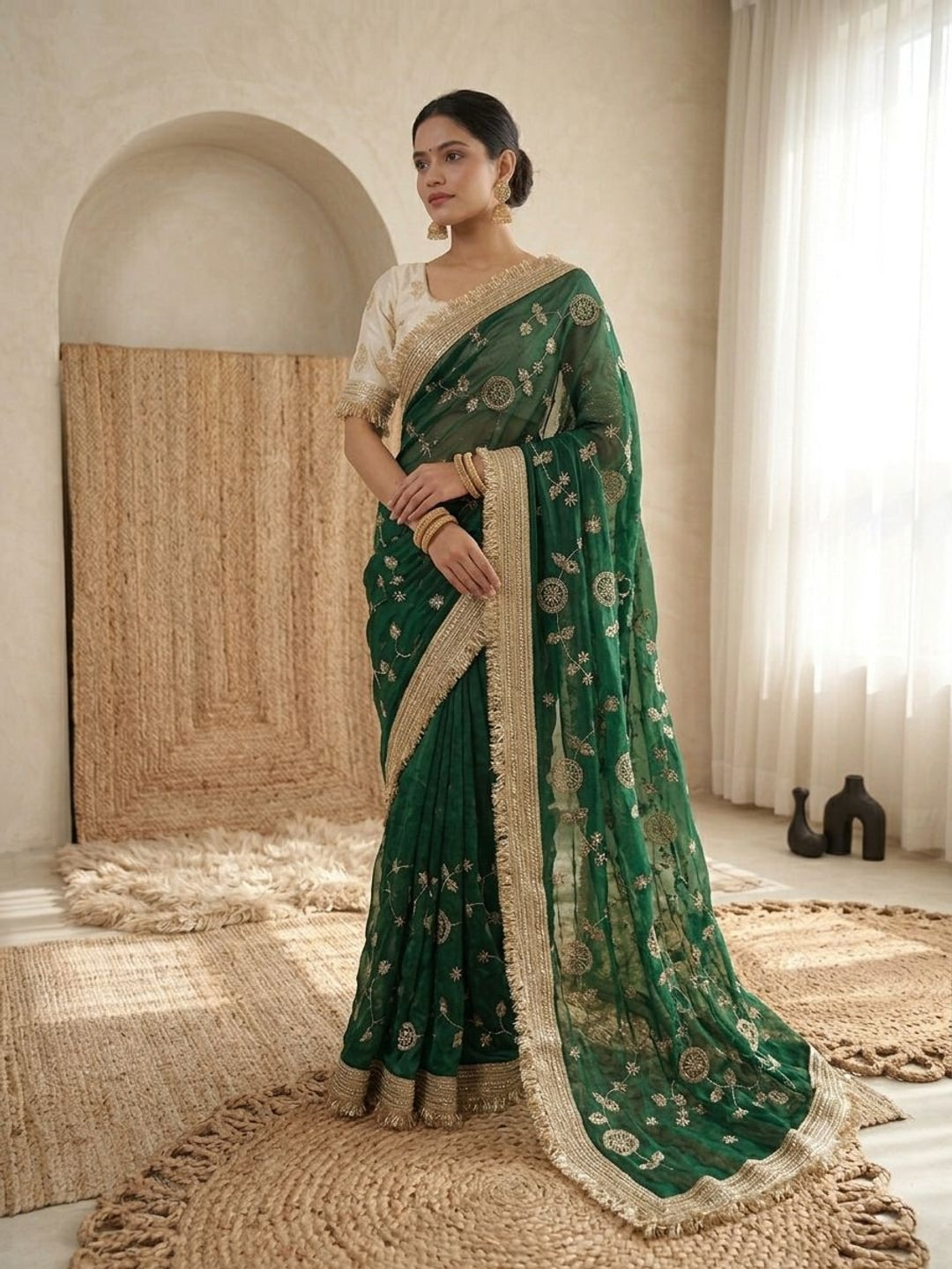 Peachmode Green Fandy Satin Saree with C-Pallu Embroidery and Lace Border - Image 1