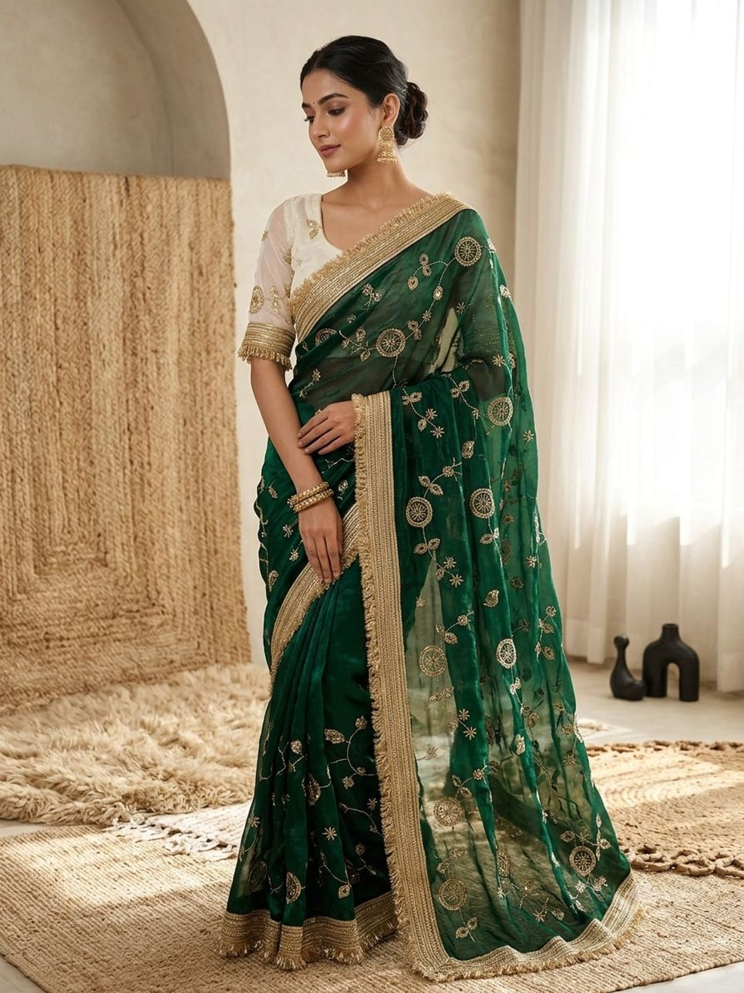 Peachmode Green Fandy Satin Saree with C-Pallu Embroidery and Lace Border - Image 3