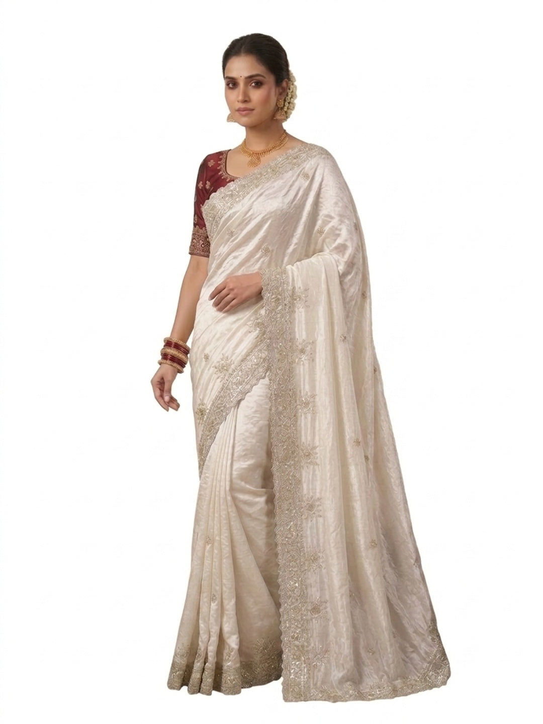 Peachmode White Fandy Satin Saree with C-Pallu Embroidery and Cutwork Border - Image 6