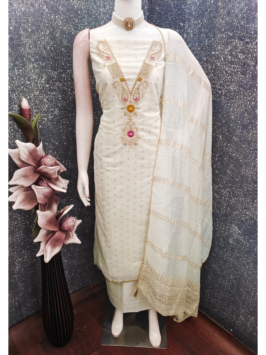 Peachmode Cream Chanderi Silk Dress Material with Ethnic Motifs - Image 3