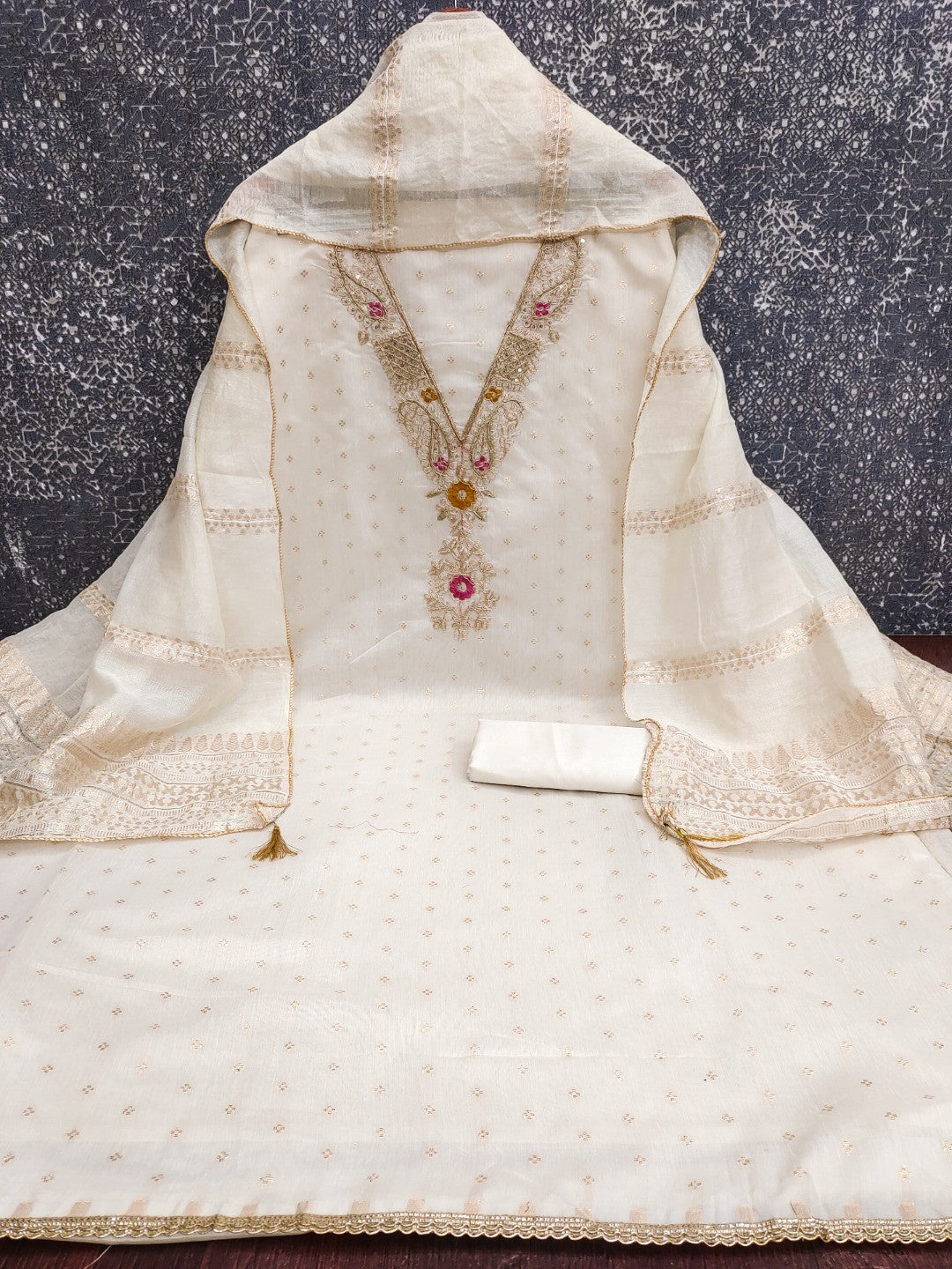Peachmode Cream Chanderi Silk Unstitched Dress Material with Thread Work - Image 5