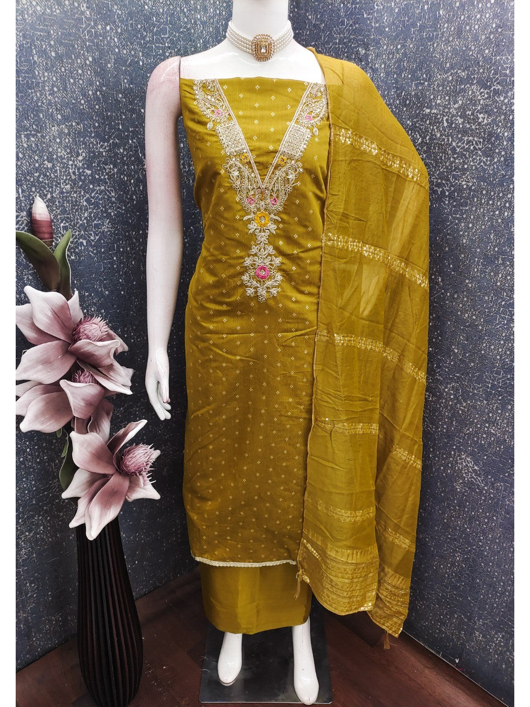 Peachmode Mustard Chanderi Silk Dress Material with Ethnic Motifs - Image 3