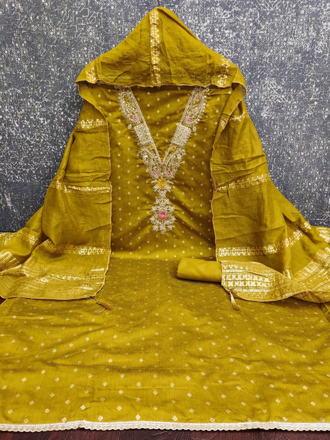 Peachmode Mustard Chanderi Silk Dress Material with Ethnic Motifs - Image 4