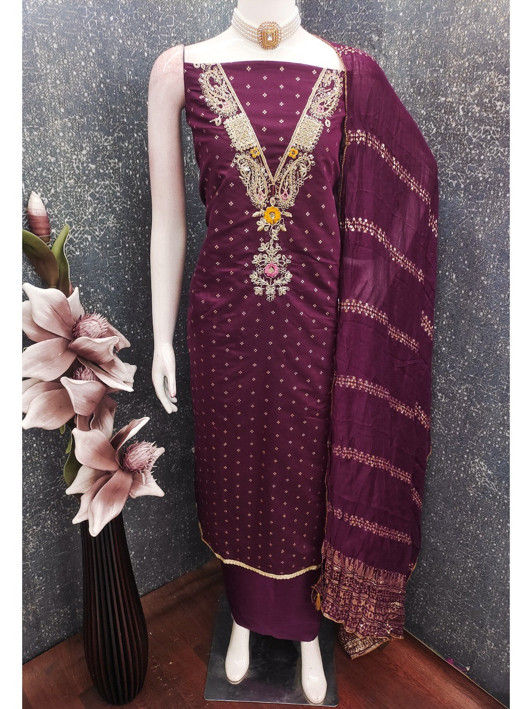 Peachmode Wine Chanderi Silk Dress Material with Ethnic Motifs - Image 3