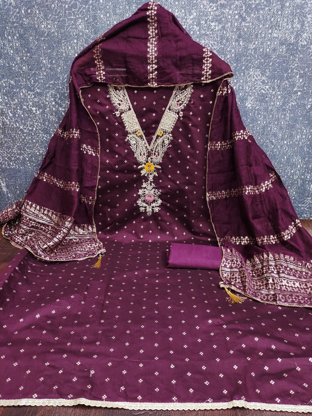 Peachmode Wine Chanderi Silk Dress Material with Ethnic Motifs - Image 4