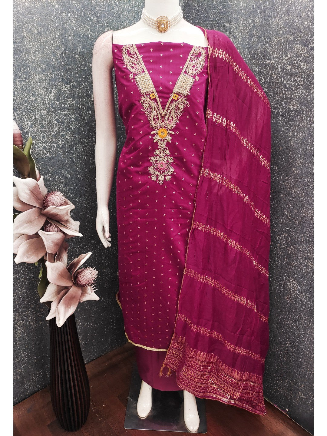 Peachmode Magenta Chanderi Silk Dress Material with Ethnic Motifs - Image 3
