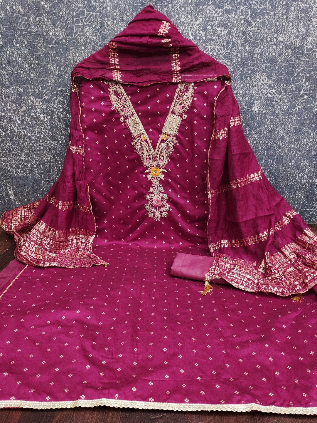 Peachmode Magenta Chanderi Silk Dress Material with Ethnic Motifs - Image 4