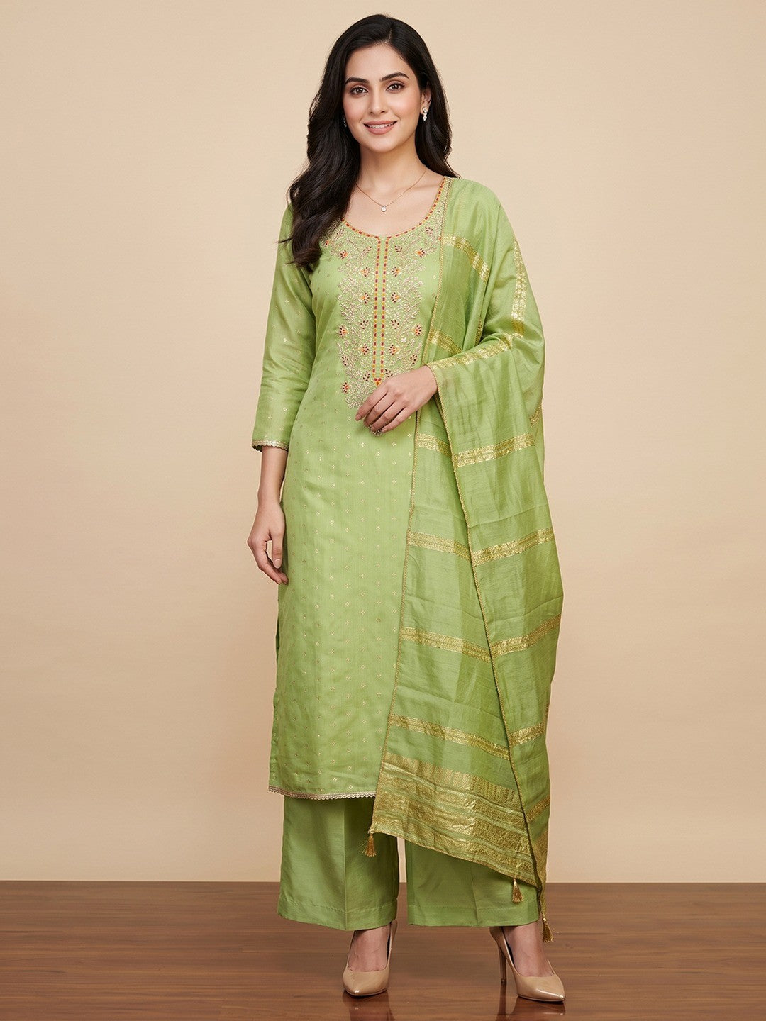 Elegant Sea Green Chanderi Silk Dress Material with Intricate Thread Work - Image 2