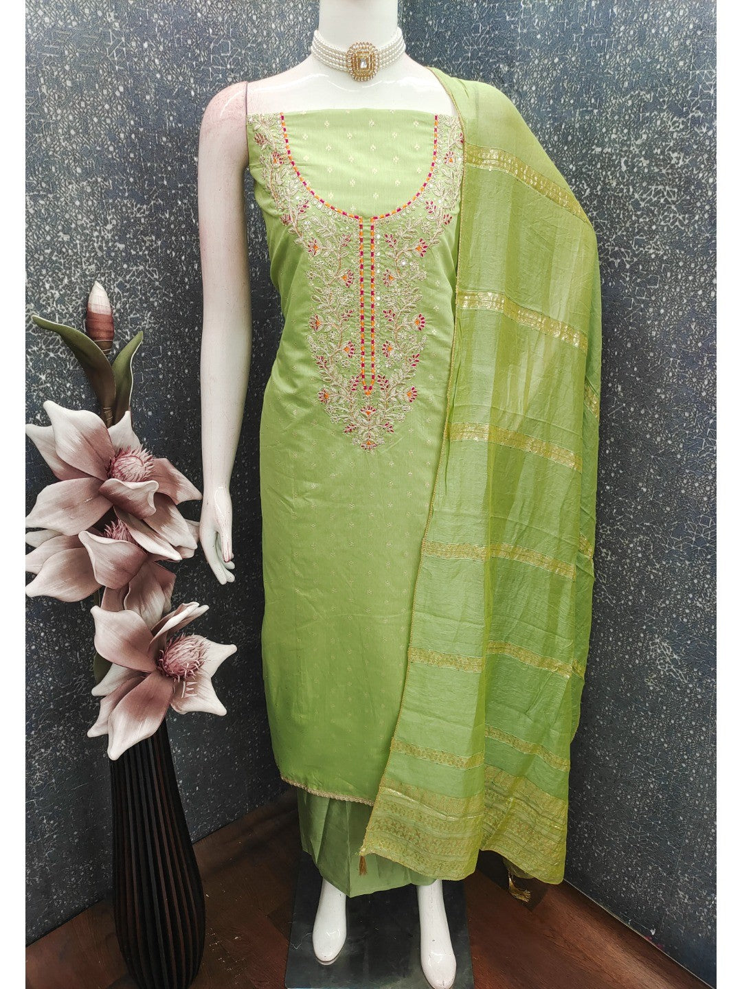 Elegant Sea Green Chanderi Silk Dress Material with Intricate Thread Work - Image 3