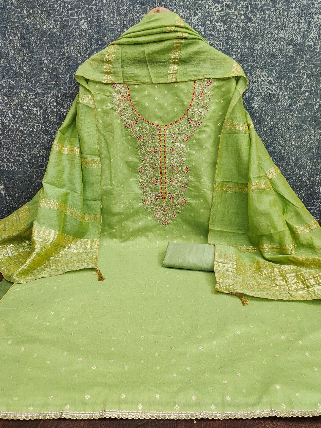 Elegant Sea Green Chanderi Silk Dress Material with Intricate Thread Work - Image 4