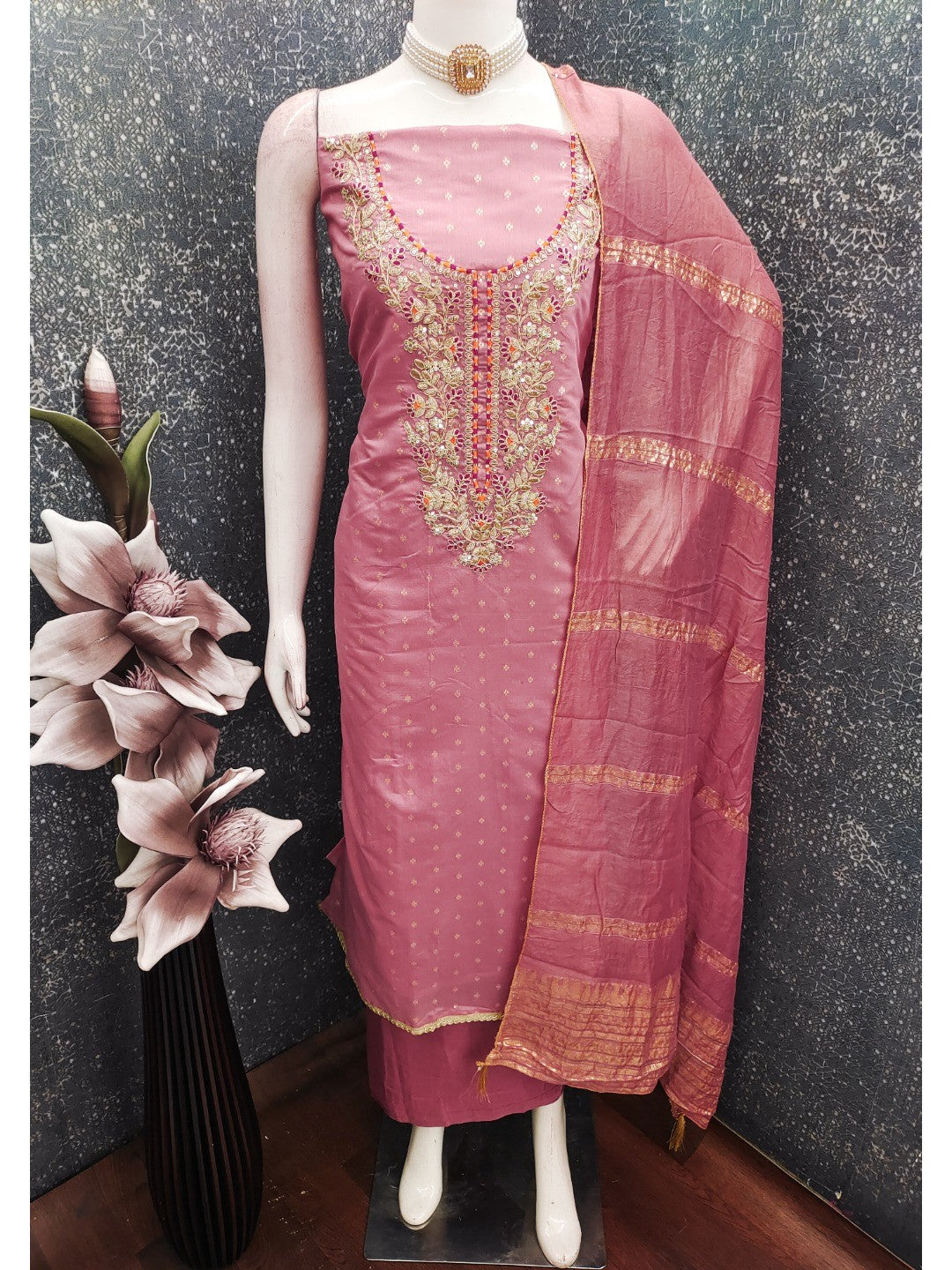 Peachmode Pink Chanderi Silk Dress Material with Ethnic Motifs - Image 3