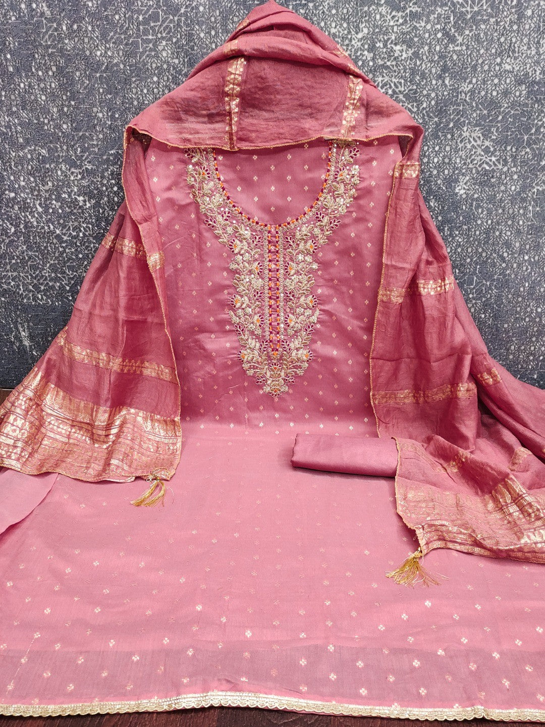 Peachmode Pink Chanderi Silk Dress Material with Ethnic Motifs - Image 4