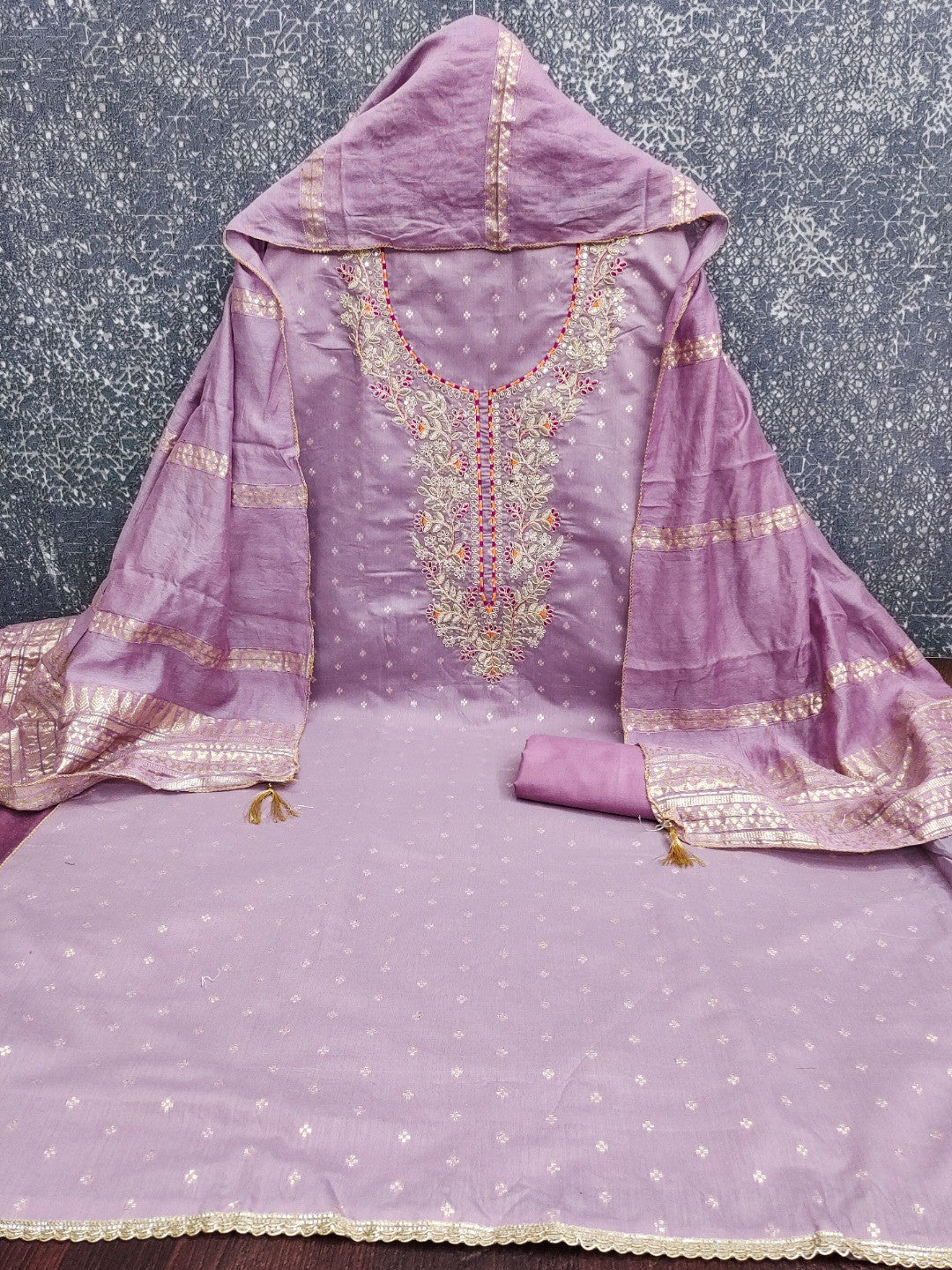 Peachmode Mauve Chanderi Silk Dress Material with Ethnic Motifs - Image 4