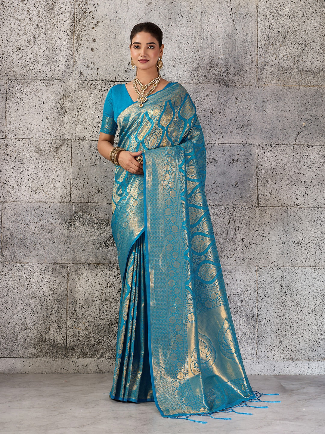 Peachmode Teal Kanjivaram Silk Blend Saree - Image 1