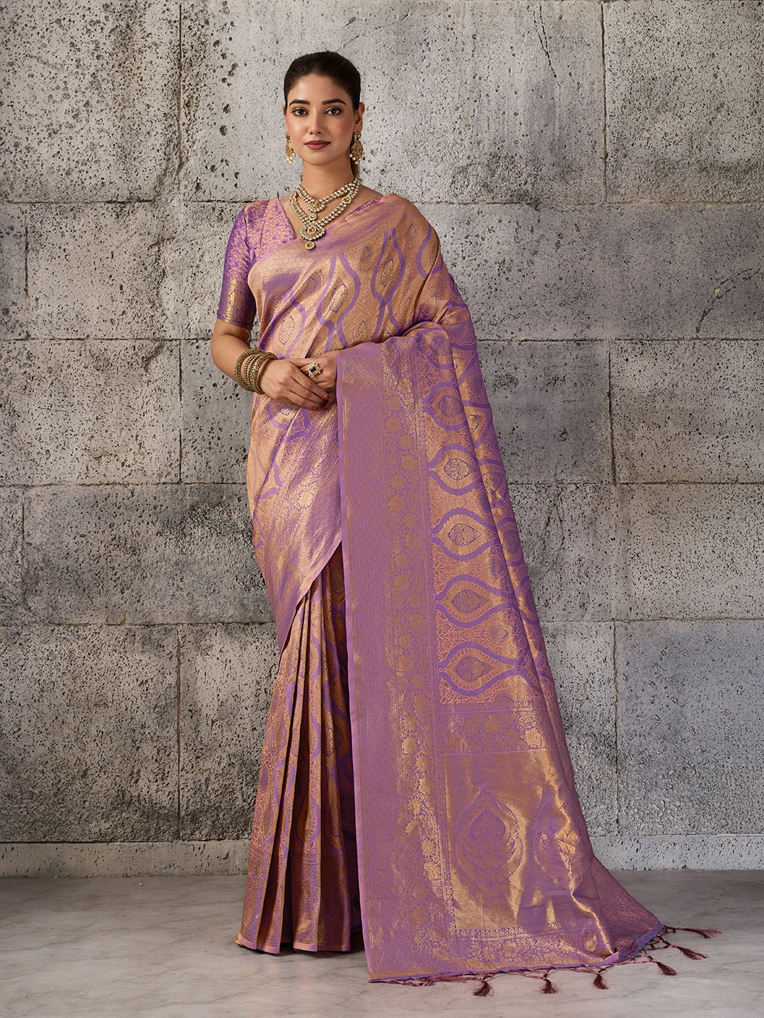 Peachmode Lavender Kanjivaram Silk Blend Saree - Image 1