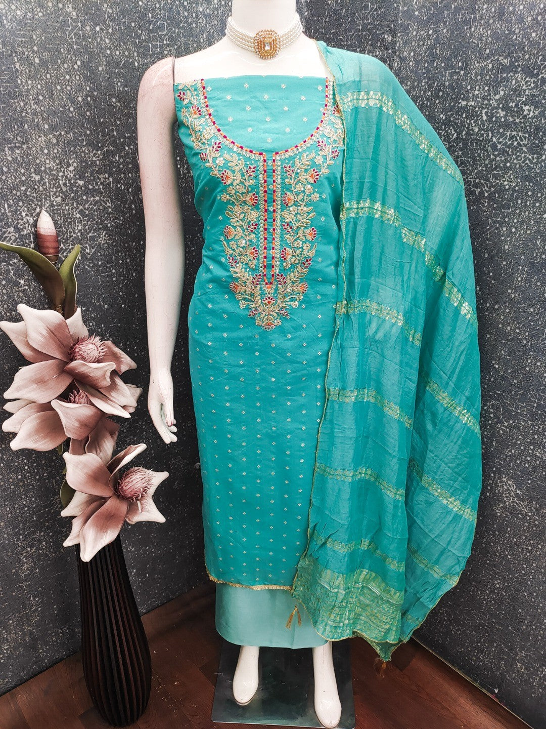 Peachmode Turquoise Chanderi Silk Dress Material with Ethnic Motifs - Image 3