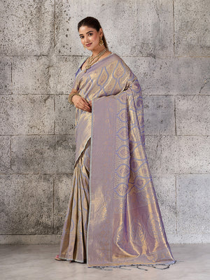 Peachmode Grey Kanjivaram Silk Blend Saree - Image 2