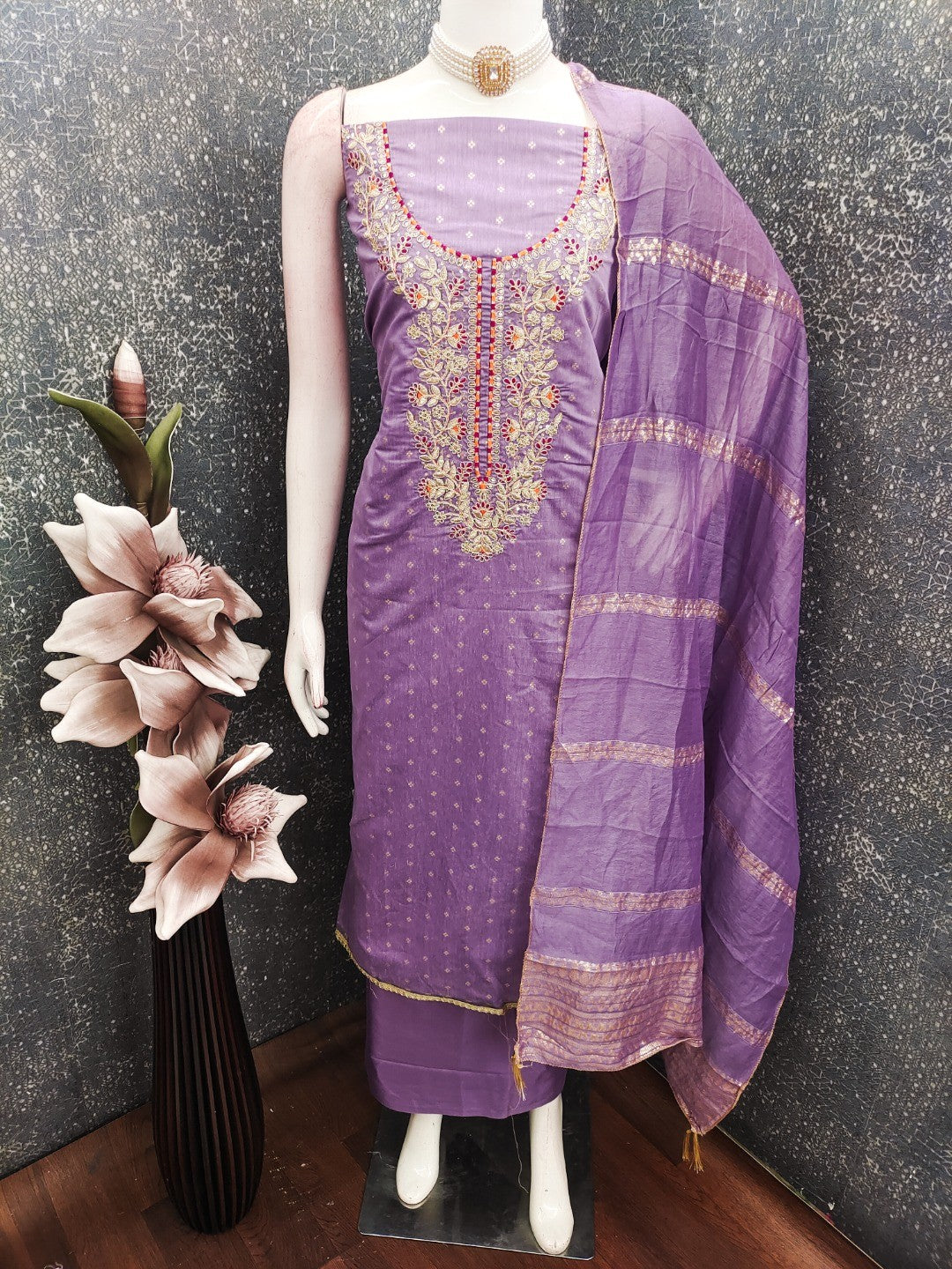 Peachmode Purple Chanderi Silk Dress Material with Ethnic Motifs - Image 3