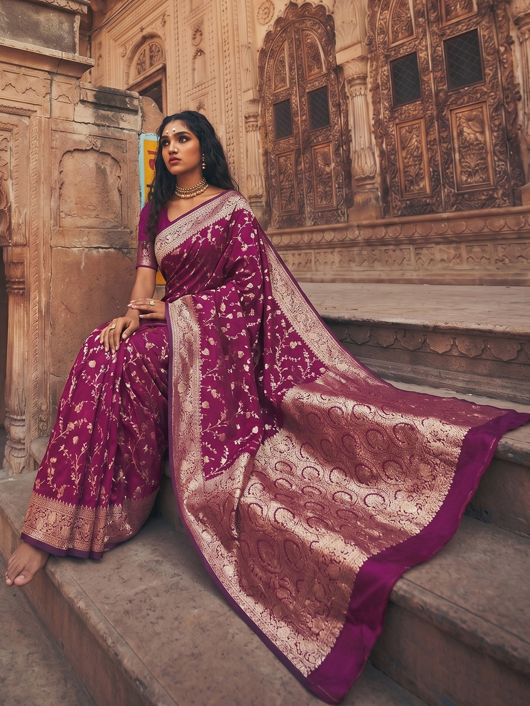 Peachmode Wine Art Silk Woven Saree - Image 4