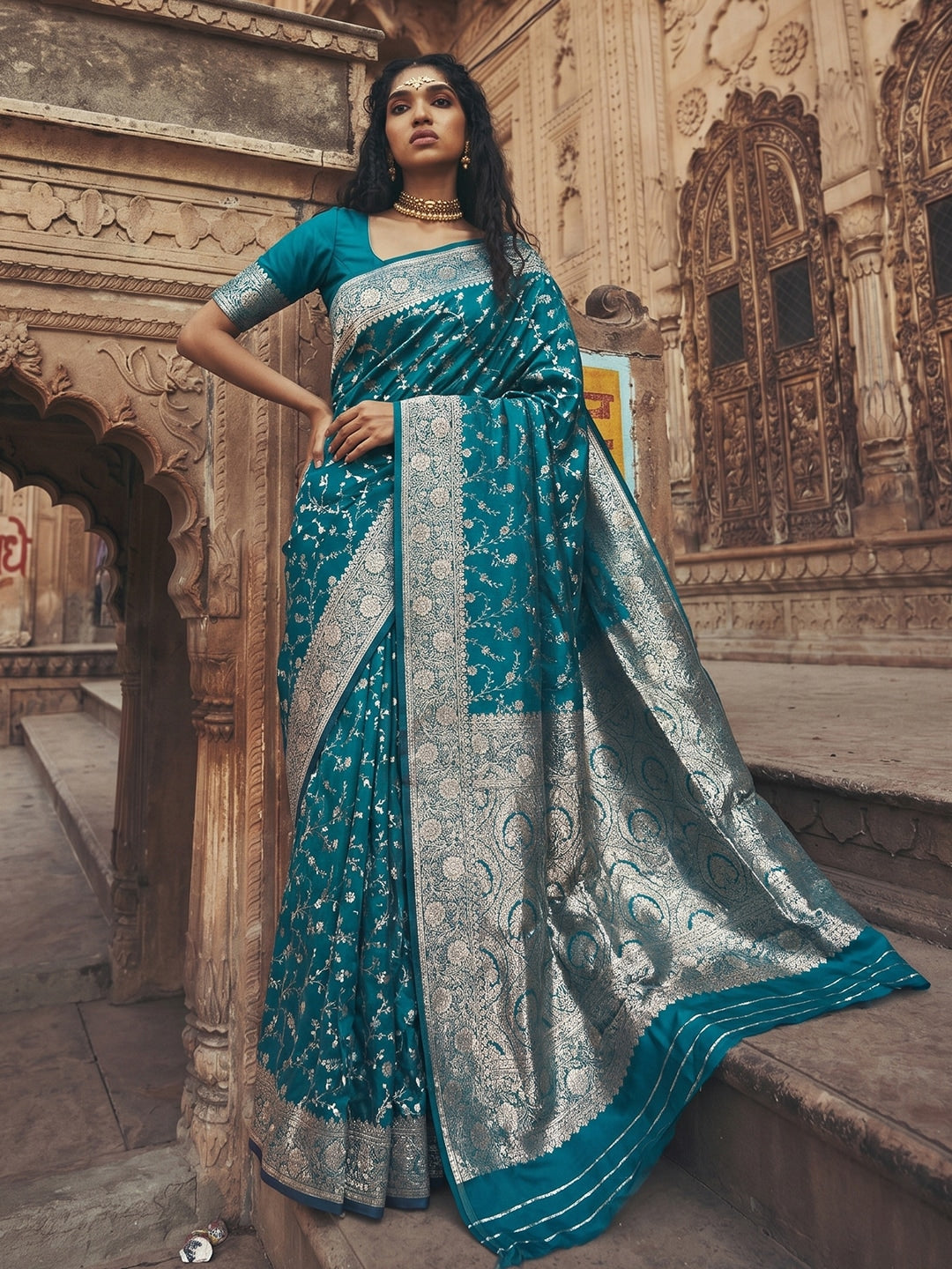 Peachmode Rama Blue Art Silk Woven Saree - Image 1