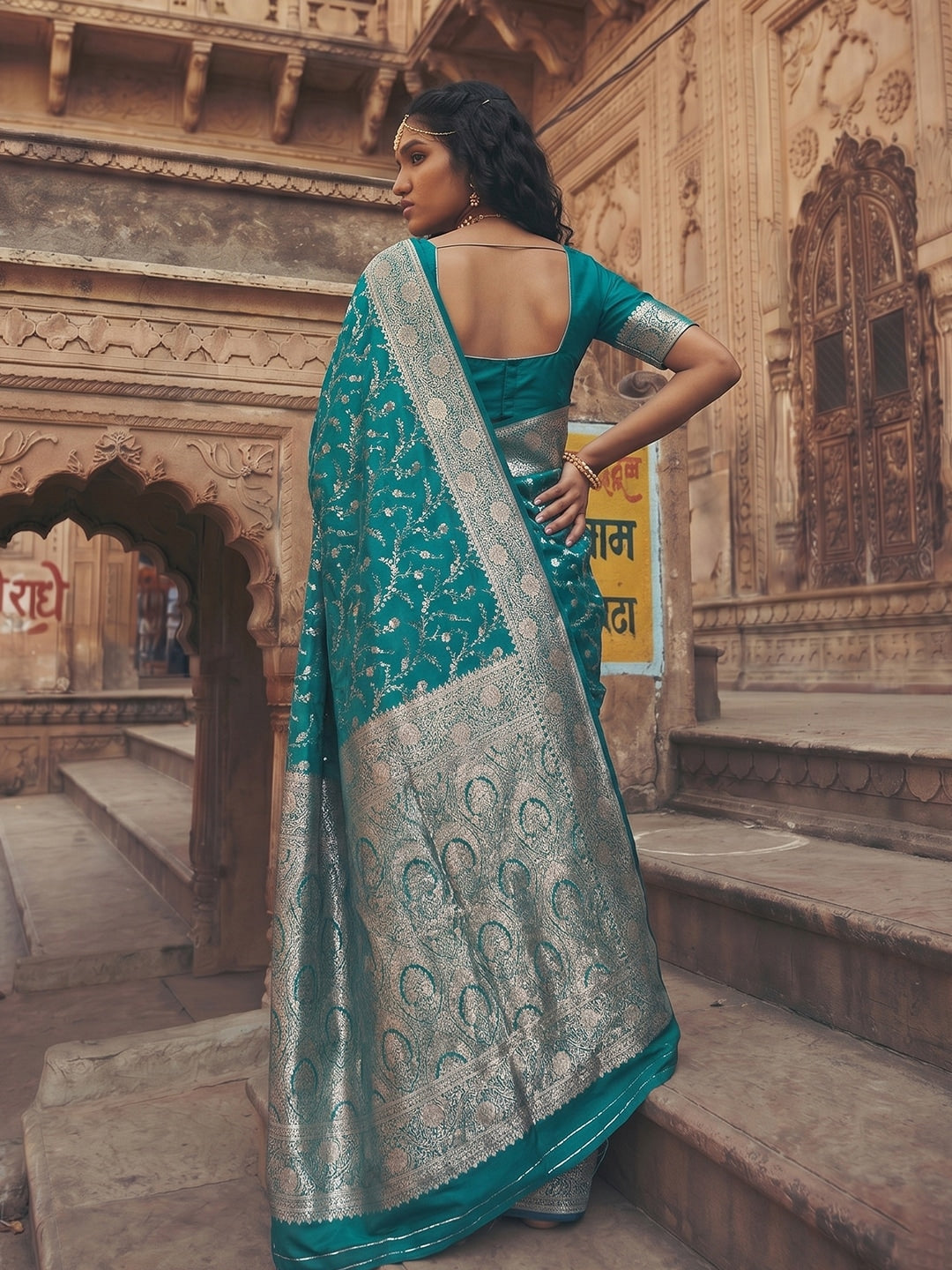 Peachmode Rama Green Art Silk Woven Saree - Image 4