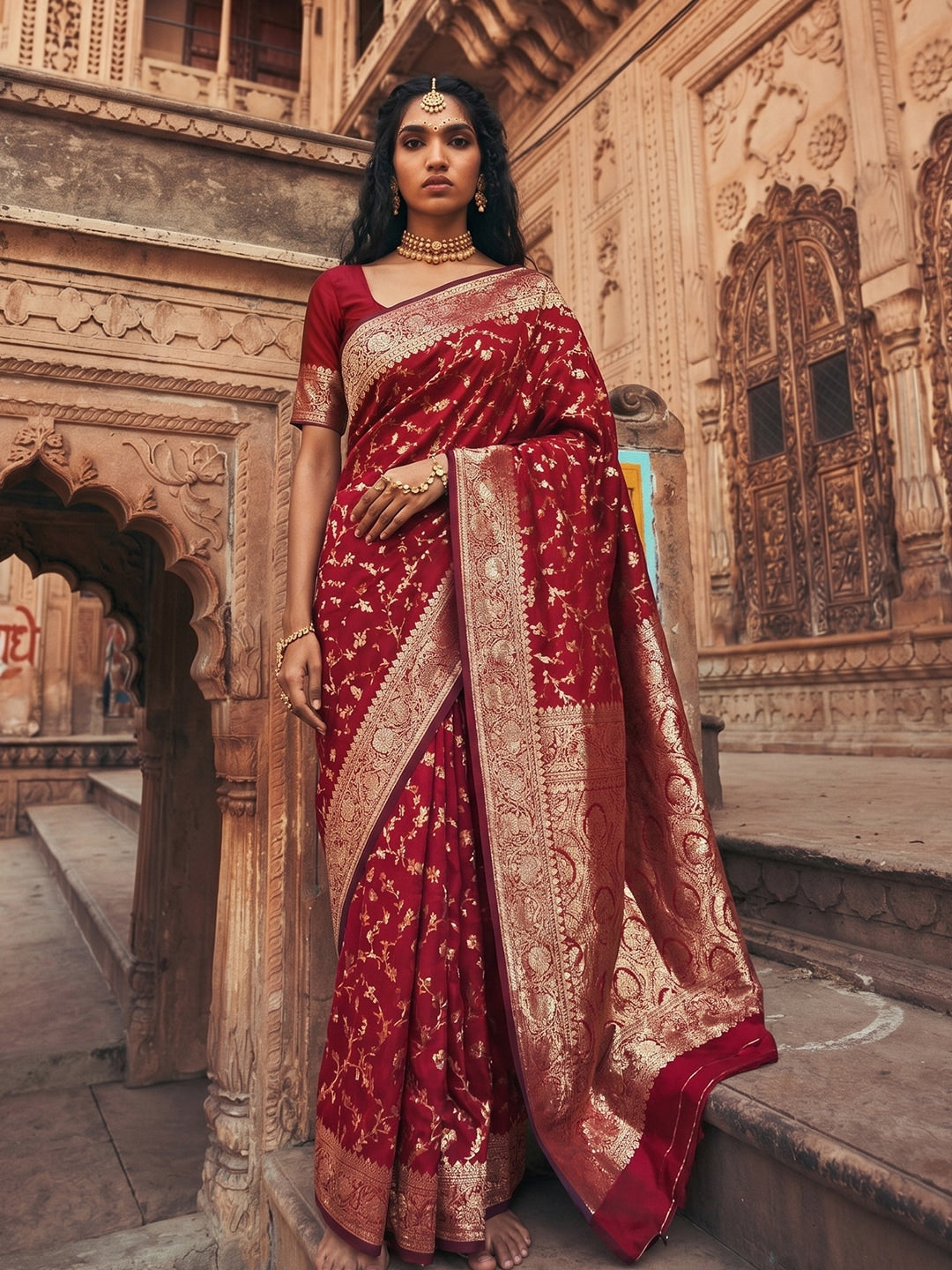 Peachmode Red Art Silk Woven Saree - Image 1