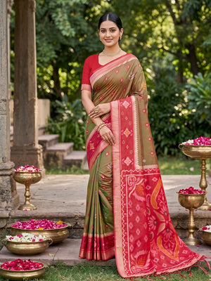 Peachmode Olive Soft Silk Woven Saree - Image 1