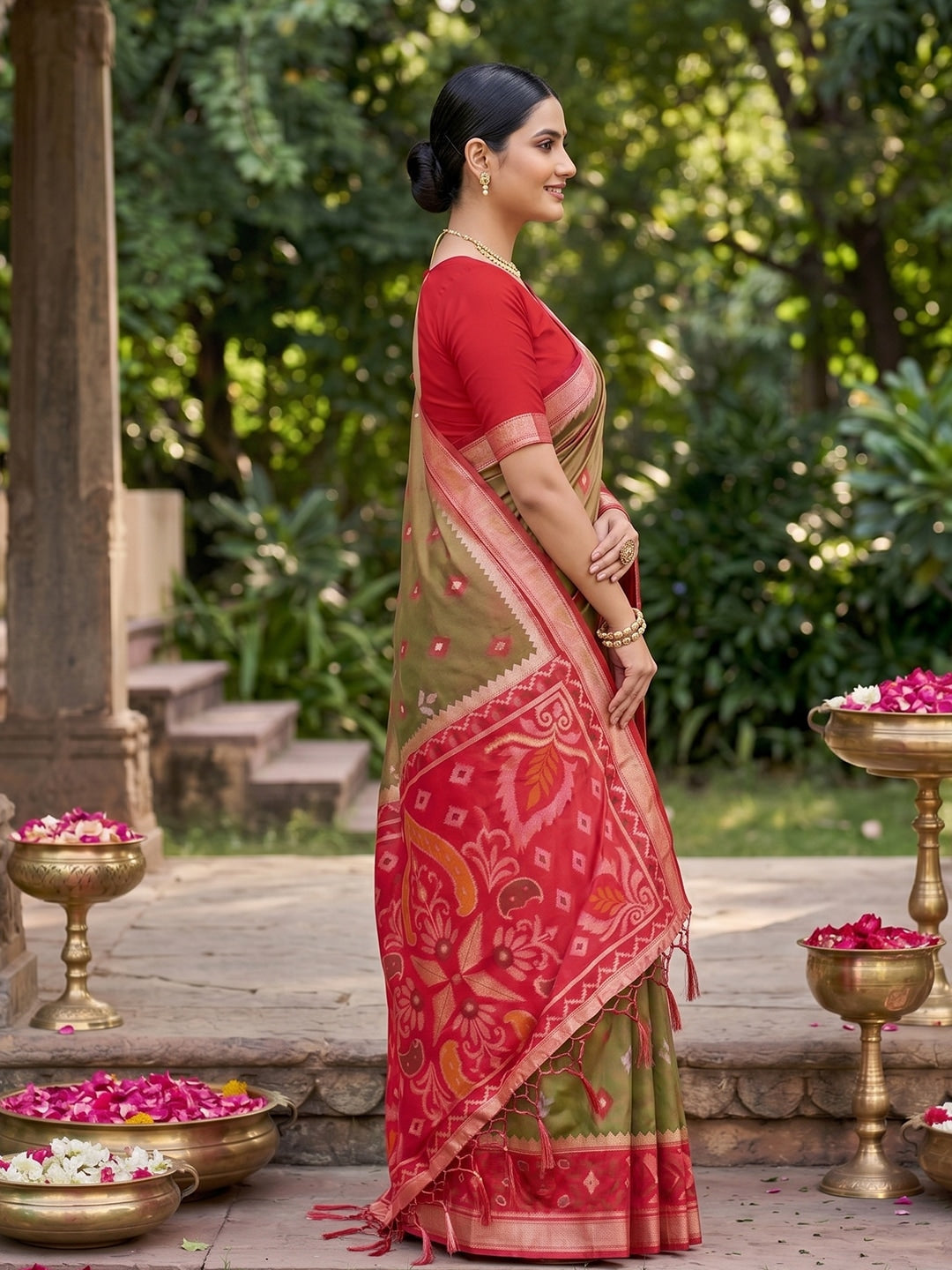 Peachmode Olive Soft Silk Woven Saree - Image 2
