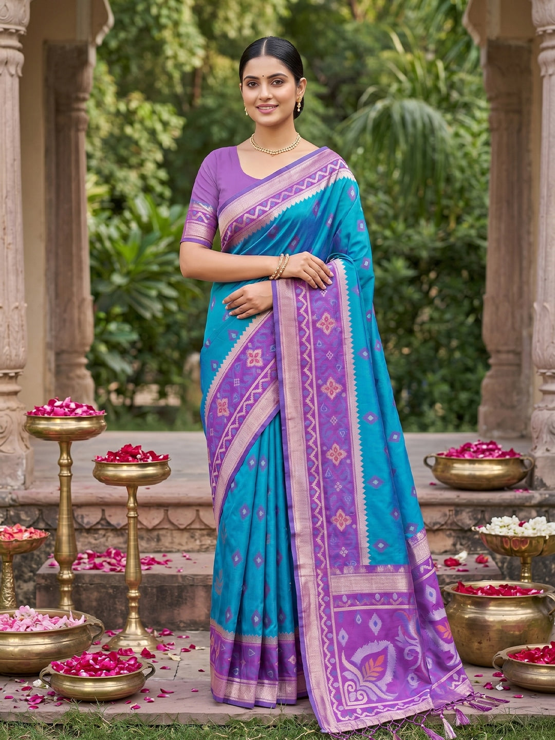Peachmode Rama Blue Soft Silk Woven Saree - Image 1