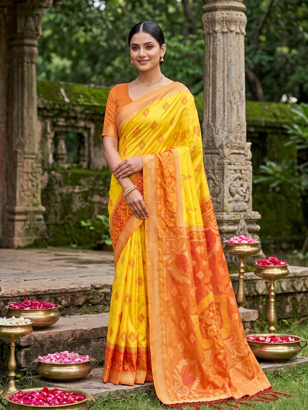 Peachmode Yellow Soft Silk Woven Saree - Image 1