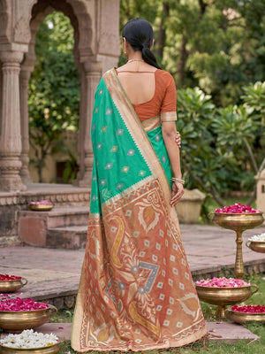 Peachmode Rama Green Soft Silk Woven Saree - Image 2