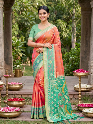 Peachmode Mustard Soft Silk Woven Saree - Image 1