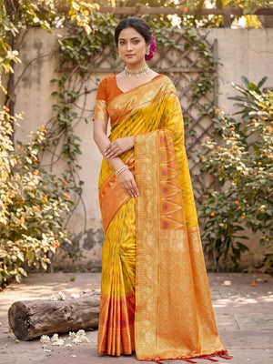 Peachmode Yellow Soft Silk Woven Saree - Image 1
